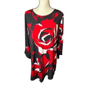 Slim Factor Womens Red Black White Floral Rose Print 3/4 Sleeve Tunic Top 2X